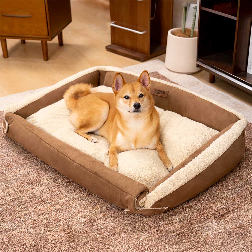 Ergonomic dog bed in a living room setting, showcasing its plush comfort