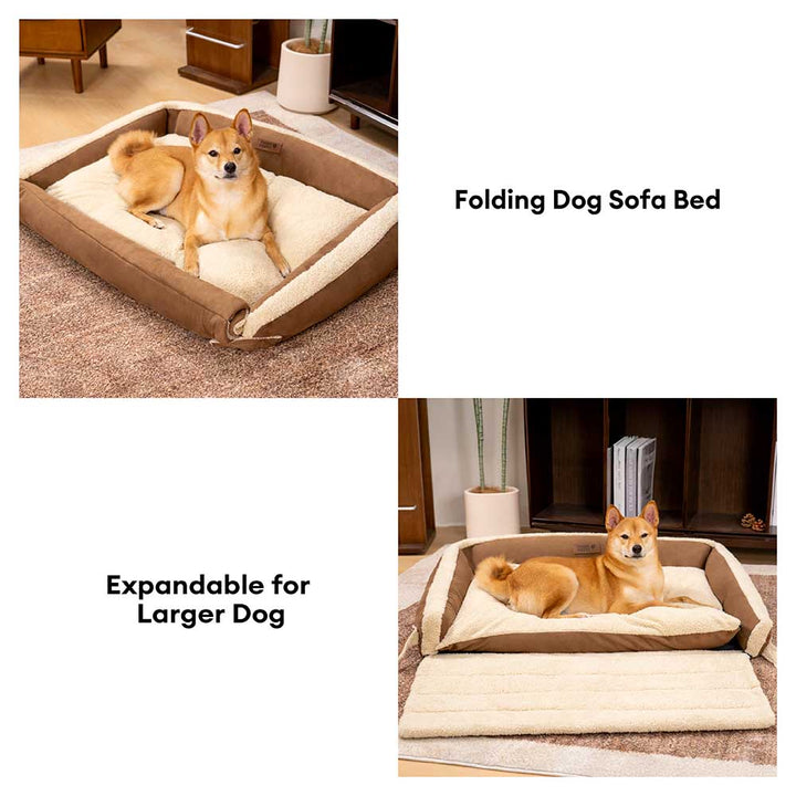 Detail shot of the washable cover on an expandable calming dog bed