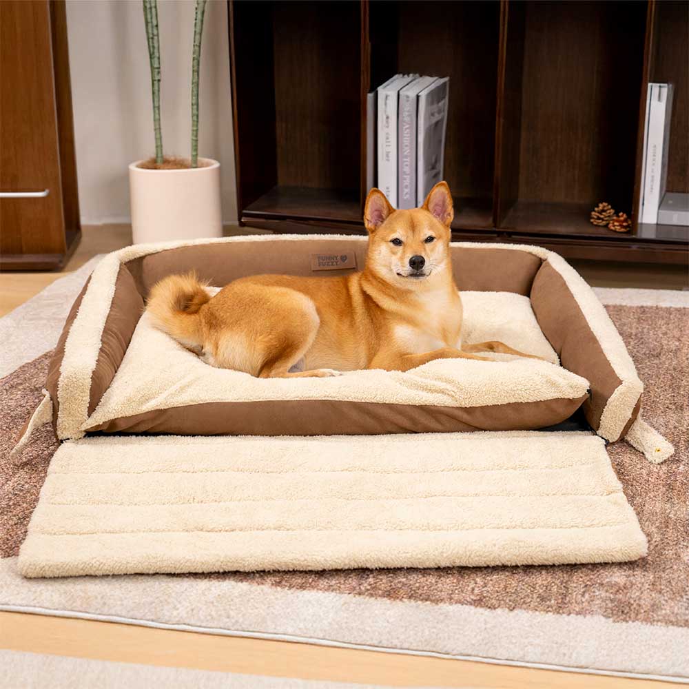 Dog enjoying the plush comfort of the ergonomic expandable calming dog bed