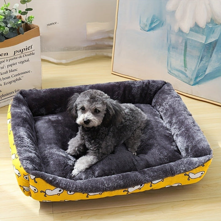 Close-up of plush fabric texture on a cozy dog sofa bed with raised bolsters