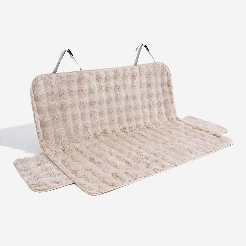 Stylish pet car accessory, a faux fur dog blanket & seat cover that matches car interiors.