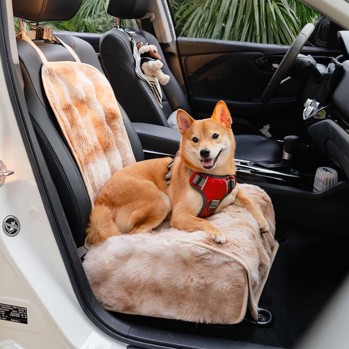 Cozy pet car seat cover with non-slip backing, designed for dogs to comfortably travel in winter.