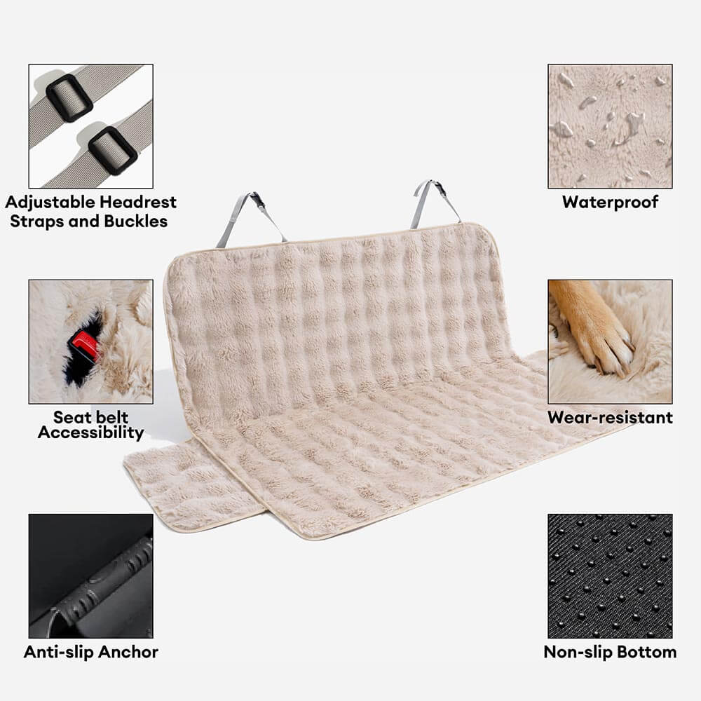 Folded pet car seat blanket, compact and ready for travel, made from soft faux fur.