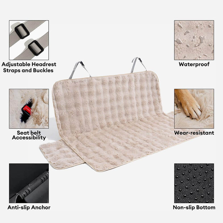 Folded pet car seat blanket, compact and ready for travel, made from soft faux fur.
