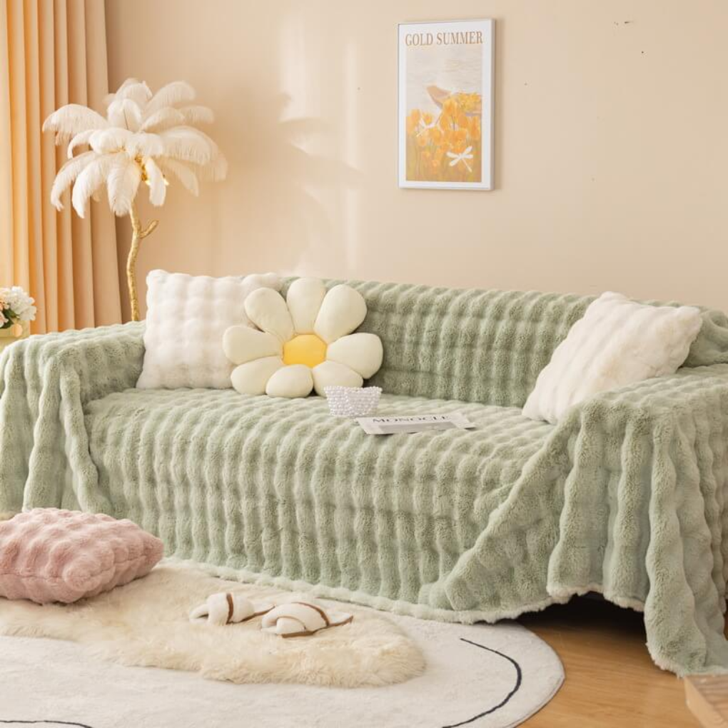 Close-up of the luxurious texture of a faux fur sofa protector, perfect as a throw blanket