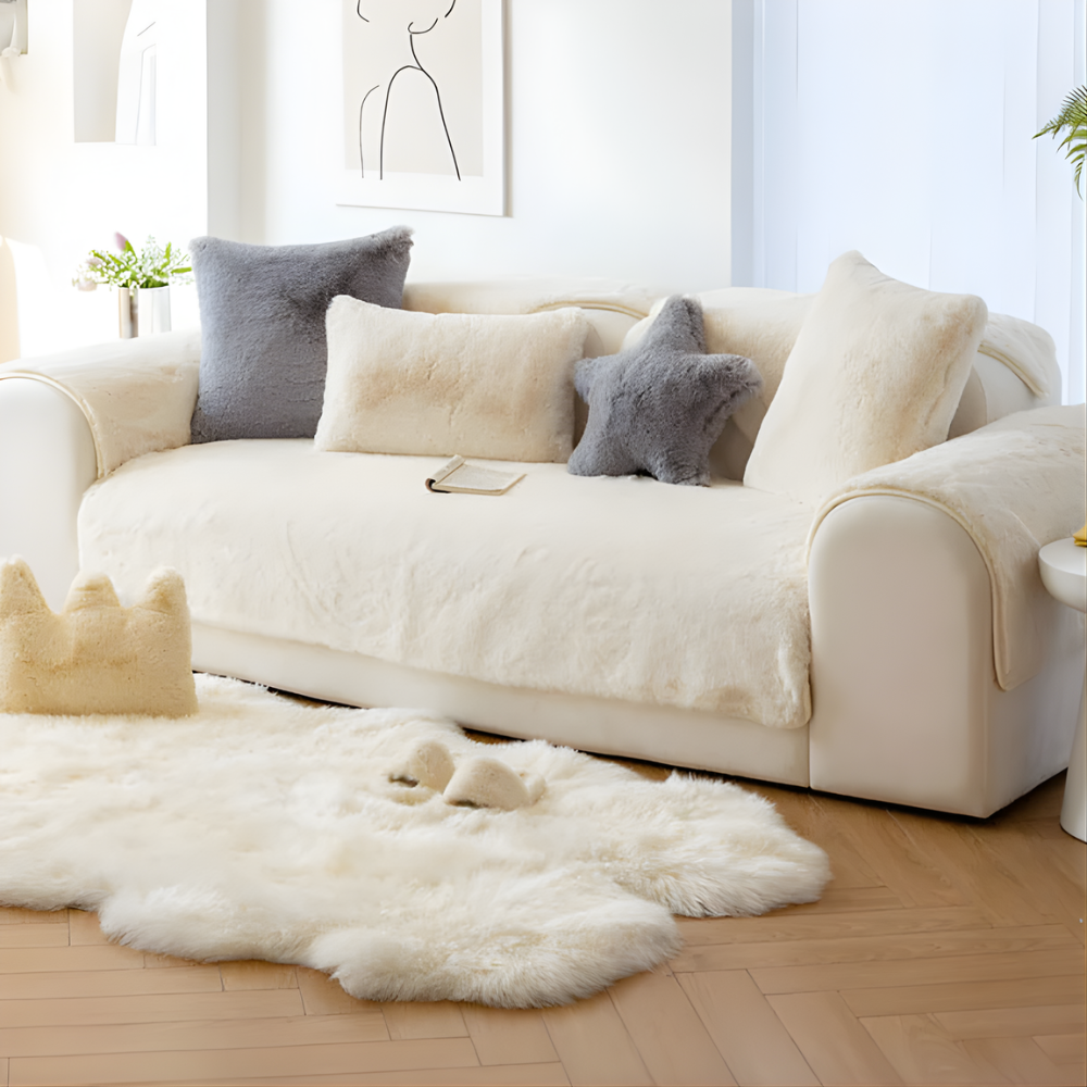 Plush faux fur sofa cover, non-slip backing, light gray, protects furniture from pets and spills.
