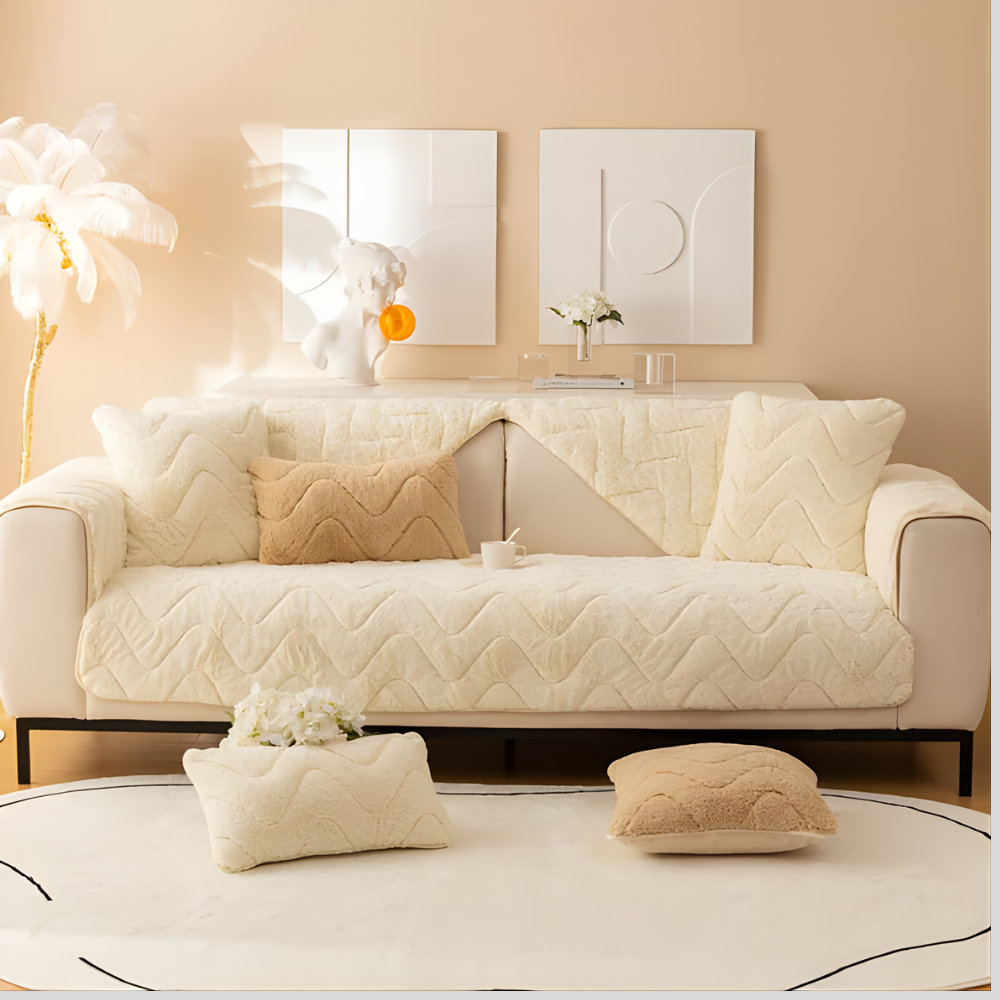 Beige shaggy faux fur sectional cover with non-slip backing, cozy homedecor for living room.