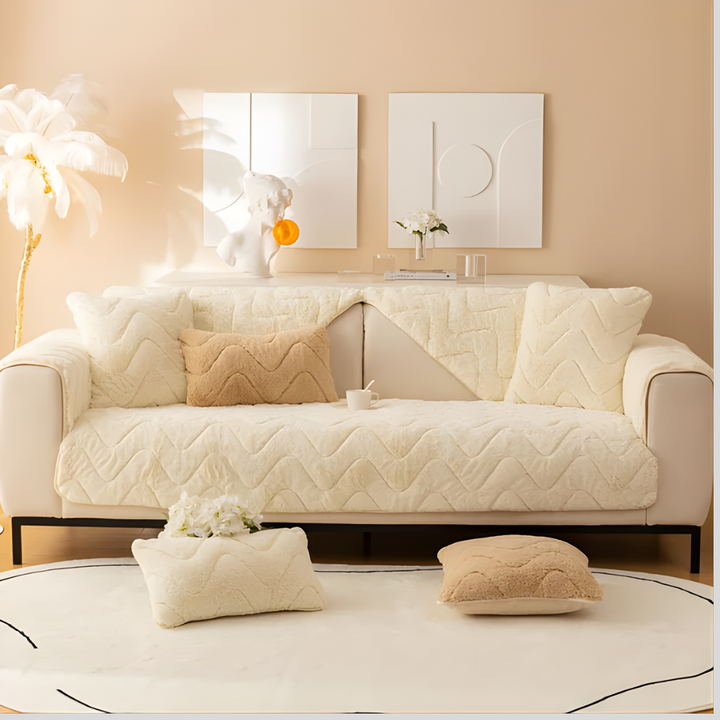 Beige shaggy faux fur sectional cover with non-slip backing, cozy homedecor for living room.