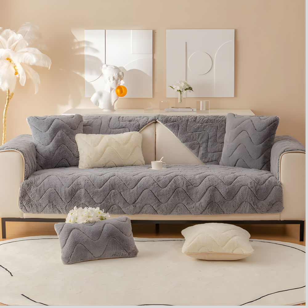Dark gray plush faux fur furniture cover, non-slip, pet-friendly, ideal for sofas and sectionals.