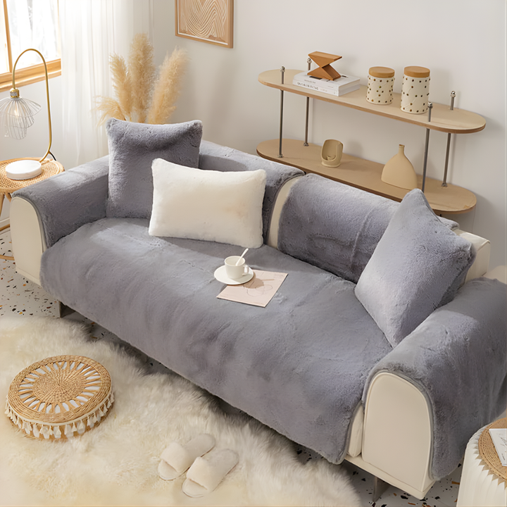 Close-up of plush faux fur texture on sofa cover, non-slip backing visible, comfy homedecor.
