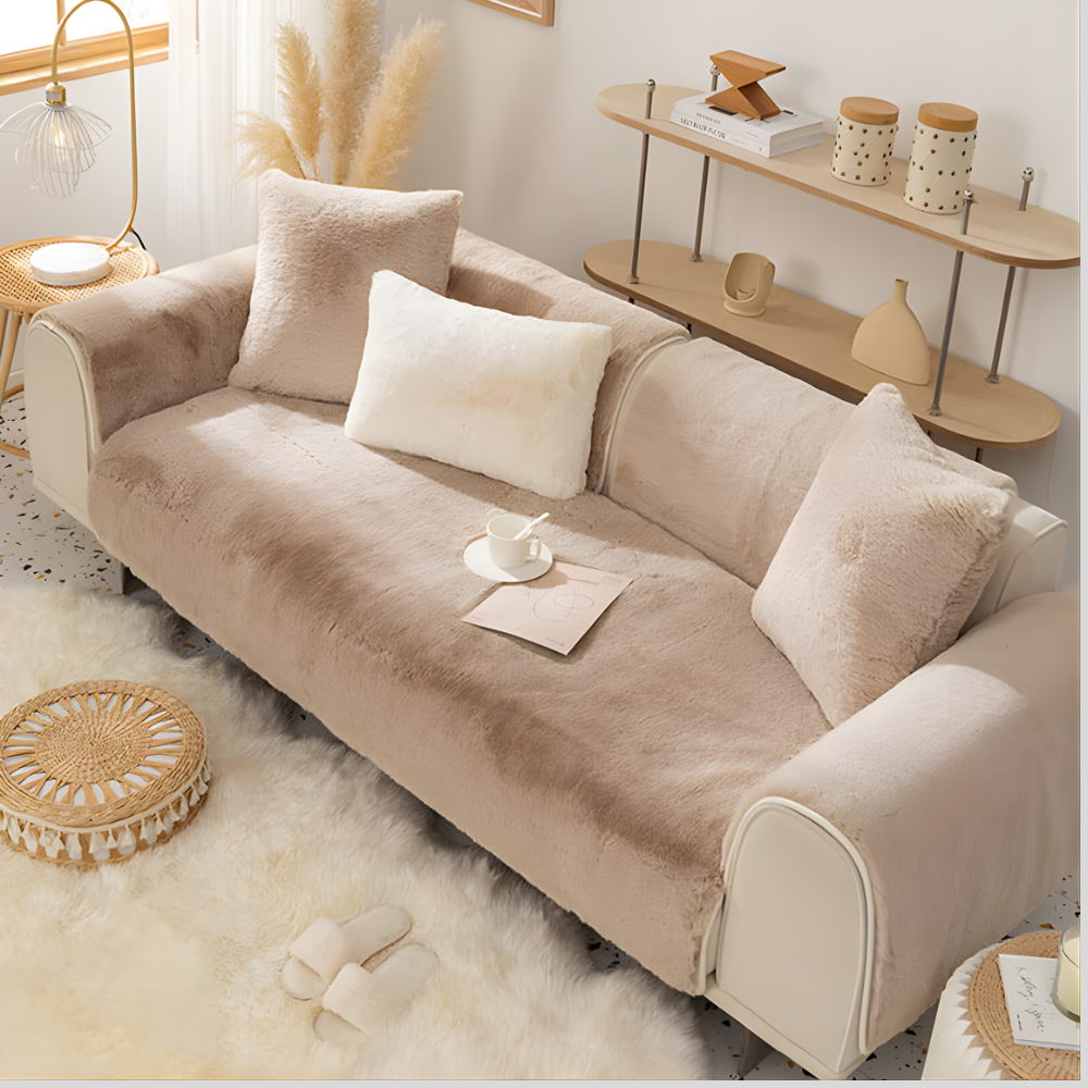 Non-slip faux fur sectional protector in an elegant cream, shaggy, ideal for pet owners, furniturecover.