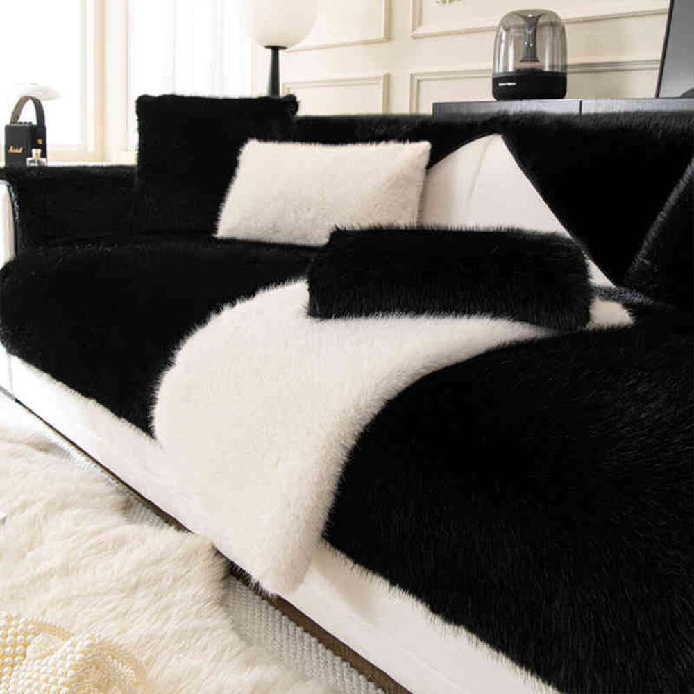 Detail of the soft, plush faux fur material of a non-slip sofa & furniture protector.
