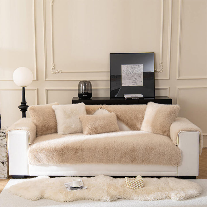 Easy-care machine washable plush faux fur non-slip sofa cover for busy households.