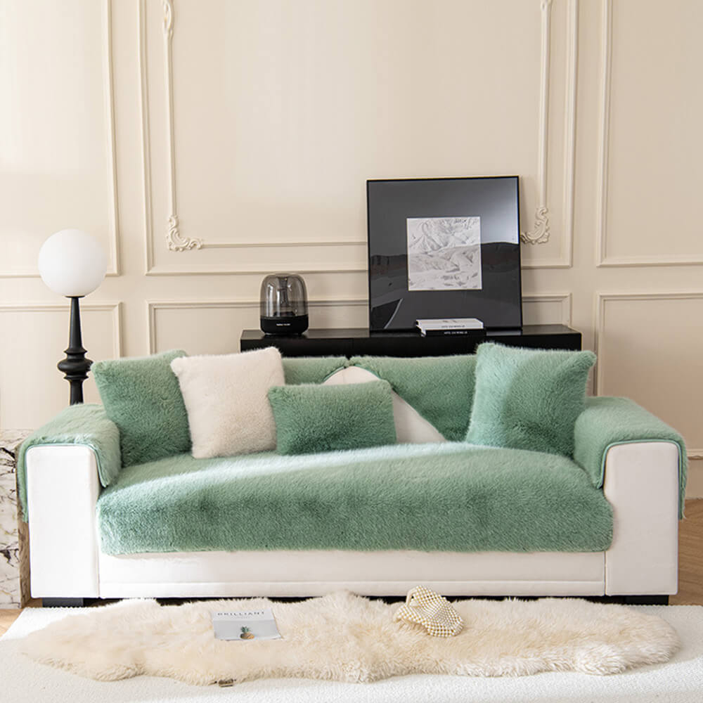 Heavy-duty plush faux fur sofa protector guarding furniture against daily wear and tear.