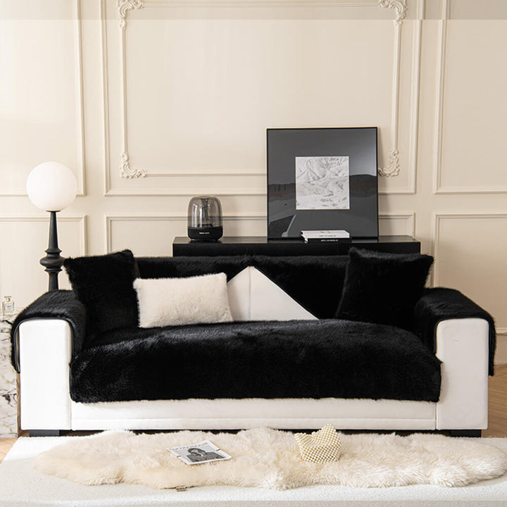 Warm and inviting plush faux fur non-slip sofa cover, perfect for cozy evenings.