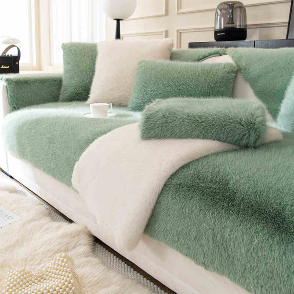 Machine washable plush faux fur sofa cover protecting a couch from pet hair and spills.