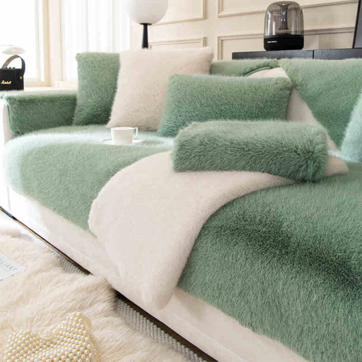 Machine washable plush faux fur sofa cover protecting a couch from pet hair and spills.