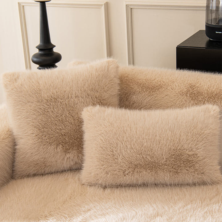 Top-down view of a plush faux fur non-slip sofa cover in a neutral tone, home accent.