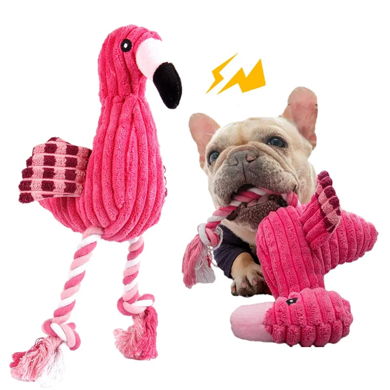 Plush flamingo dog toy, pink, interactive for chewing, durable pet enrichment