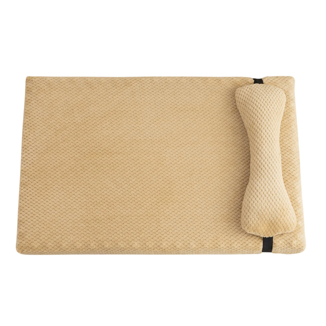 Soft cat bed and pet mat with supportive pillow, promoting calm and comfort for pets.