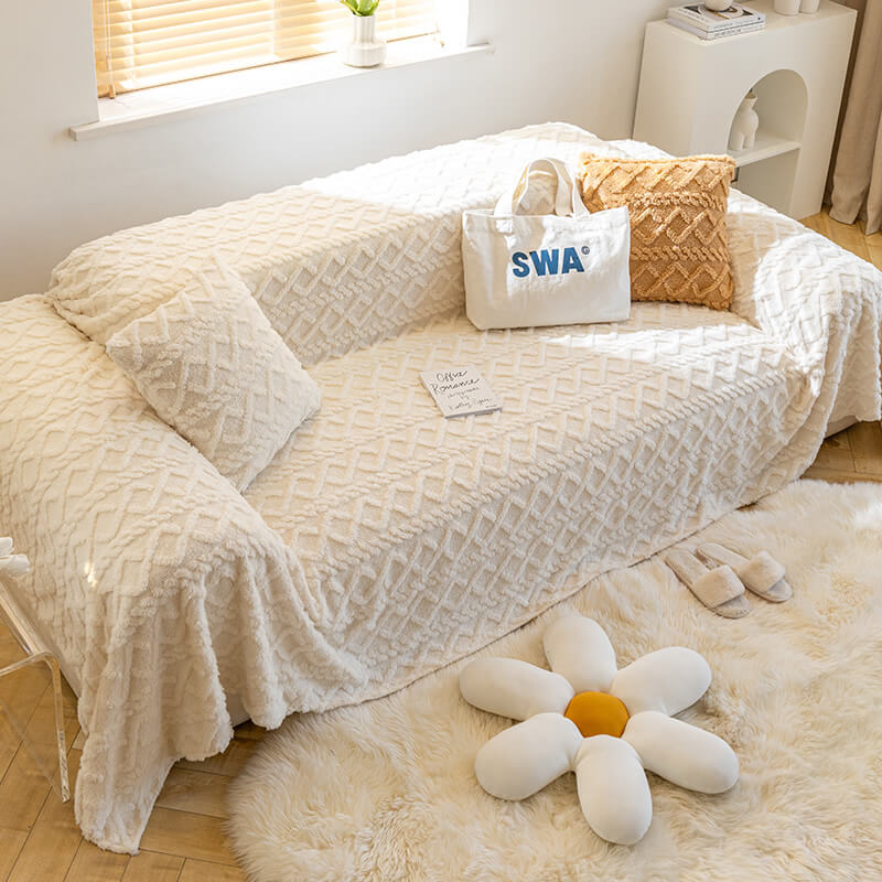 Solid white fleece couch protector, clean and crisp home decor upgrade