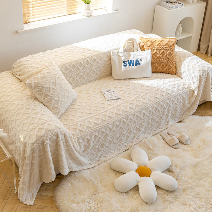Solid white fleece couch protector, clean and crisp home decor upgrade