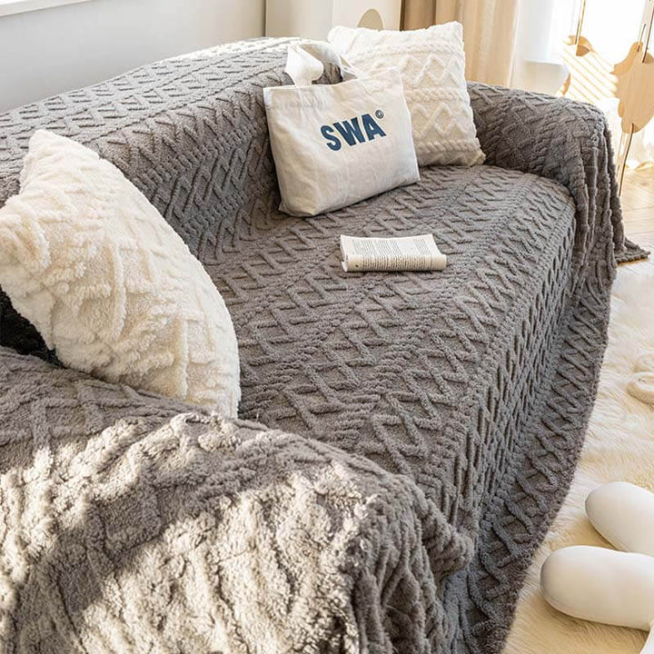 Unisex solid light gray fleece couch cover, versatile furniture protector