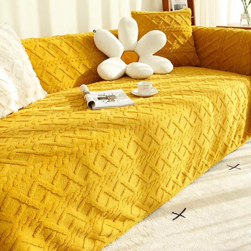 Unisex solid navy blue fleece couch cover, cozy furniture protector design