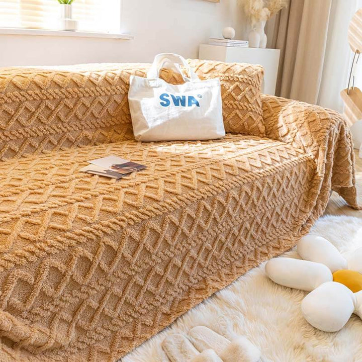 Textured solid fleece couch throw in light brown, durable & pet friendly design