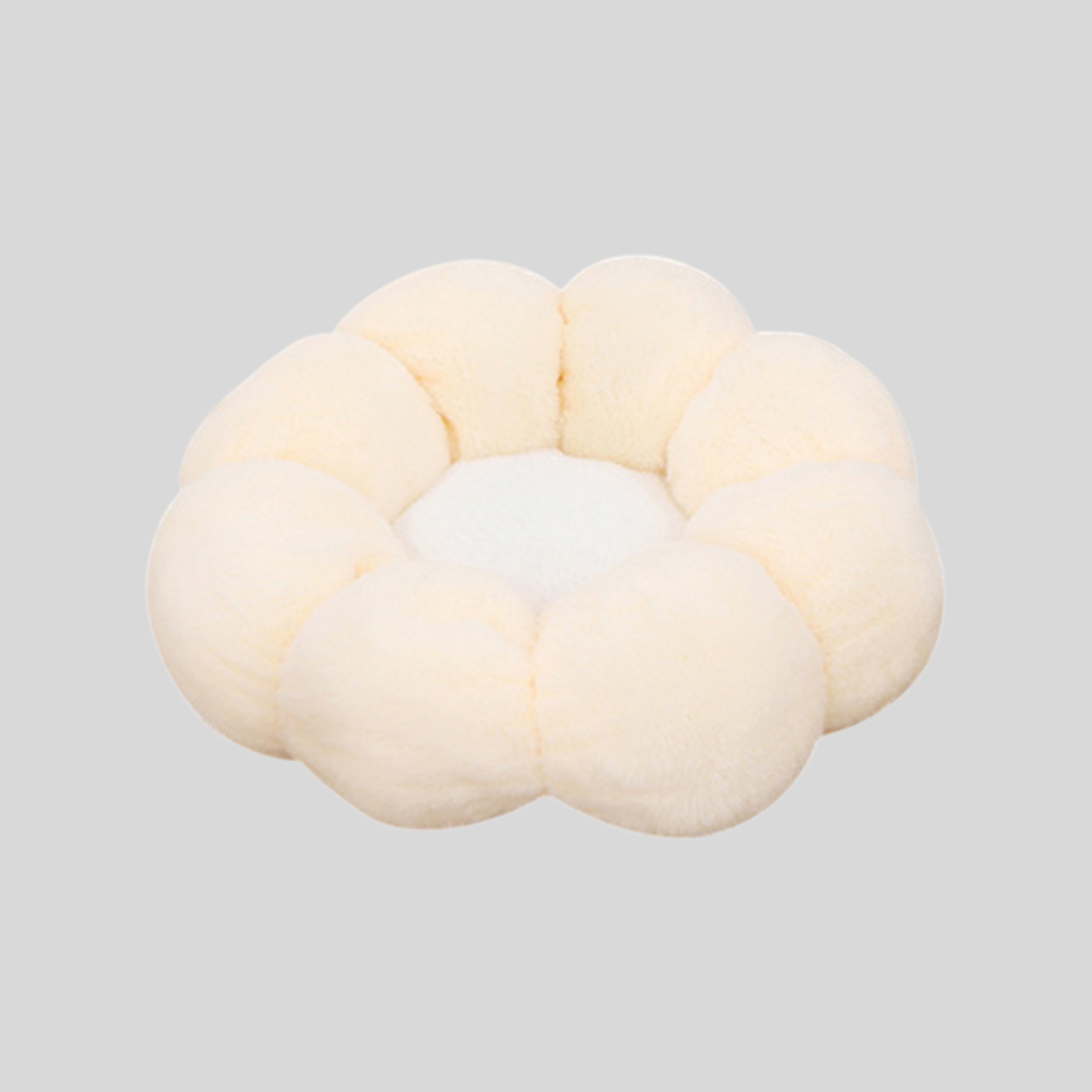 Cute flower pet bed, plush purple petals for feline comfort & napping