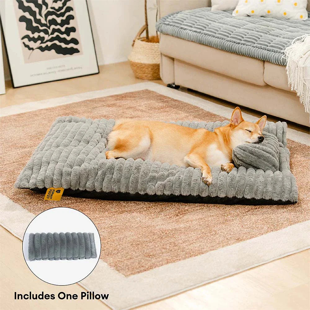 Plush fluffy calming dog bed with integrated pillow, perfect for pet relaxation and comfort.
