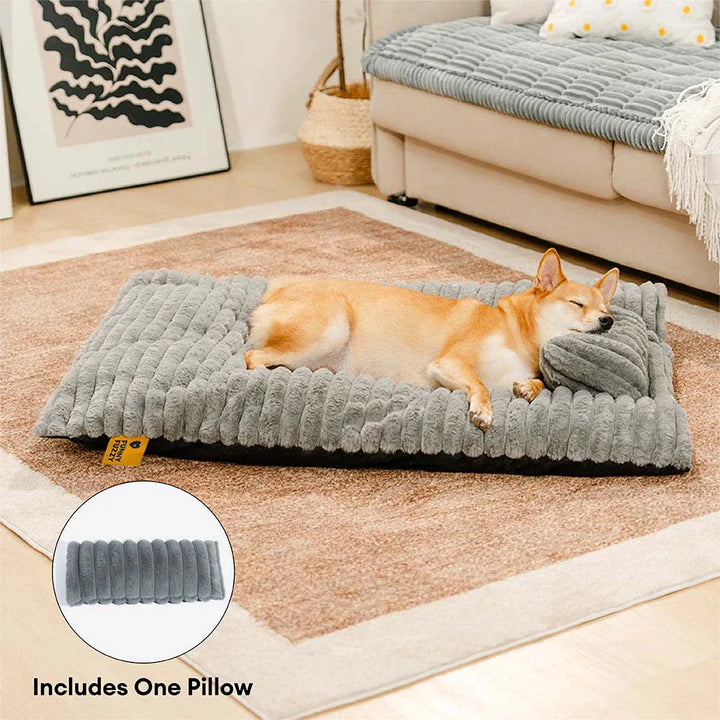 Plush fluffy calming dog bed with integrated pillow, perfect for pet relaxation and comfort.