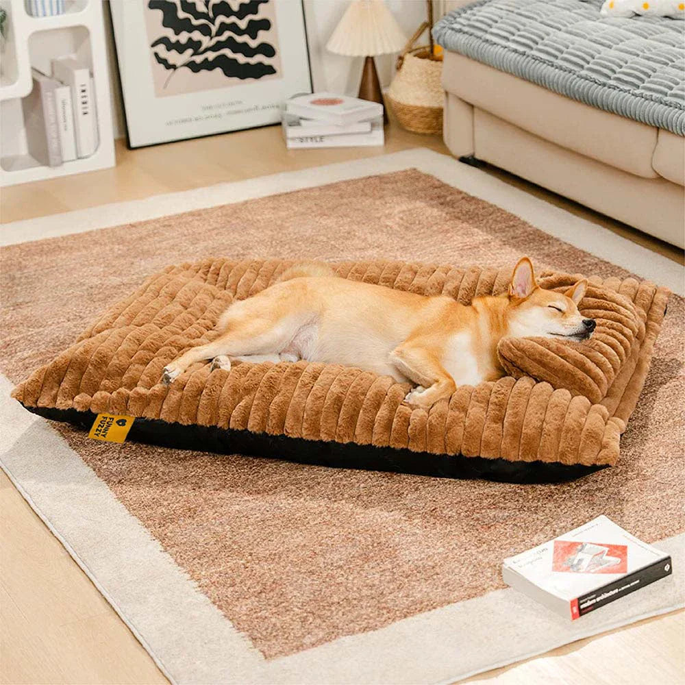 Premium plush calming dog bed, a luxurious sleep aid with a supportive integrated pillow.