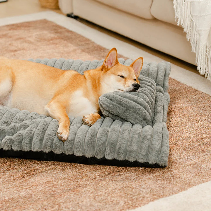 Unisex calming dog bed, ultra-soft plush fabric, promotes restful sleep for pets.