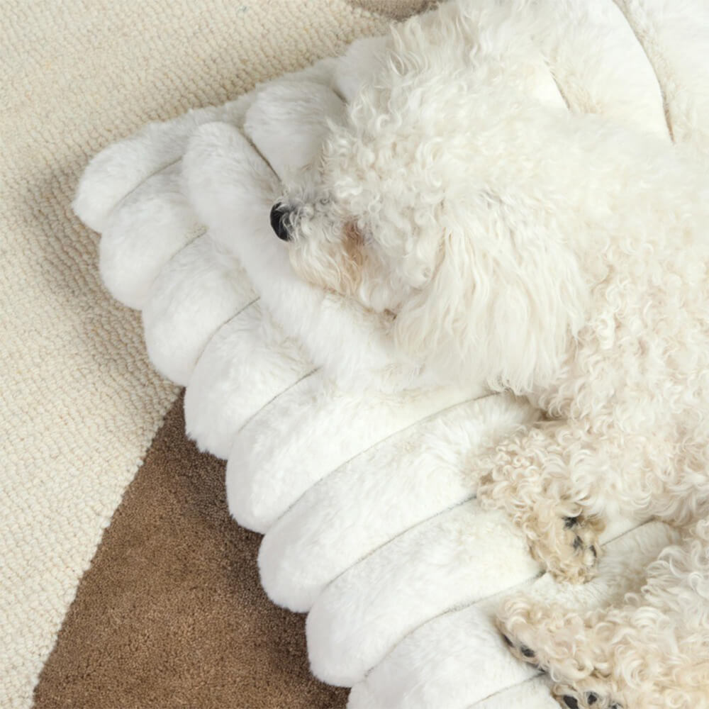 Comfortable unisex plush pet bed, fluffy texture, excellent for calming restless dogs.