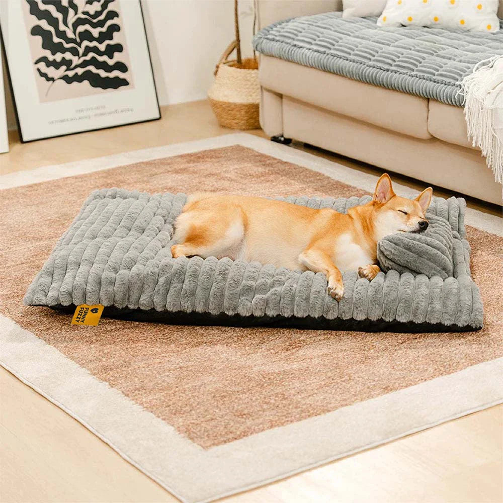 Detail of the soft, fluffy material of a calming dog bed, a cozy pet accessory.