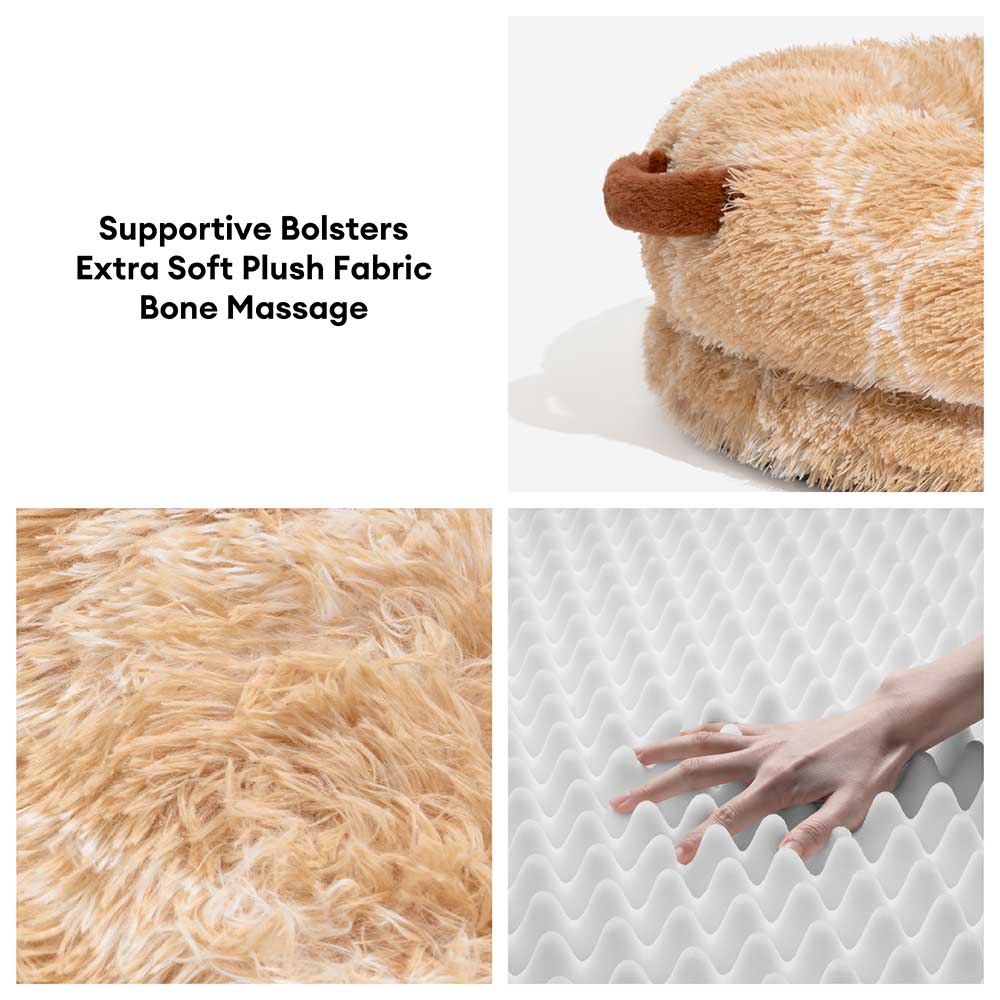 Fluffy donut pet and human bed, highlighting its soft, supportive structure for pets and people.
