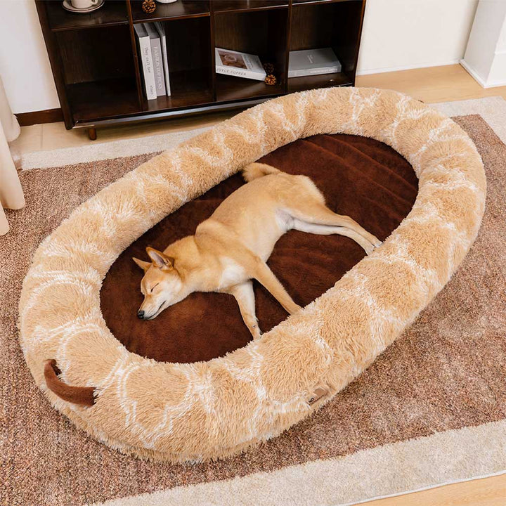 High-angle view of a circular fluffy donut pet bed, emphasizing its plush and cozy design.