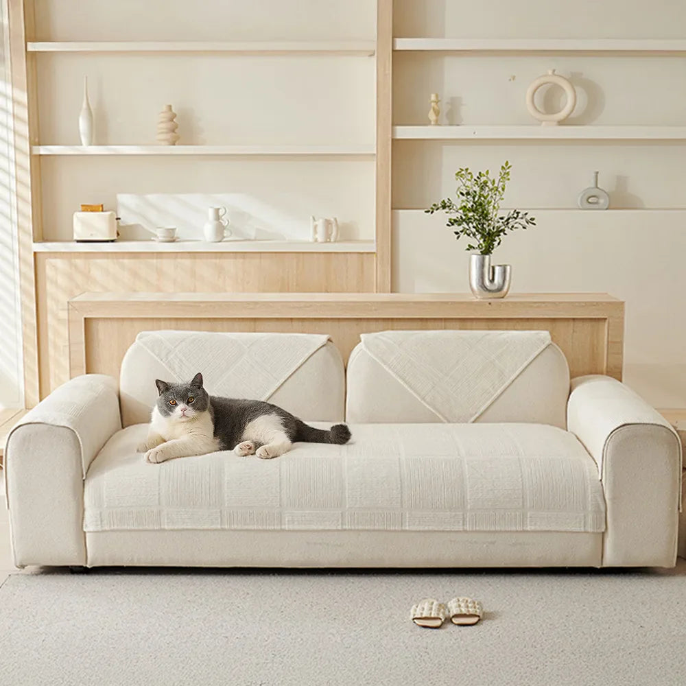 Soft, pet-friendly geometric plush sofa cover, designed for sectional couches, non-slip design.