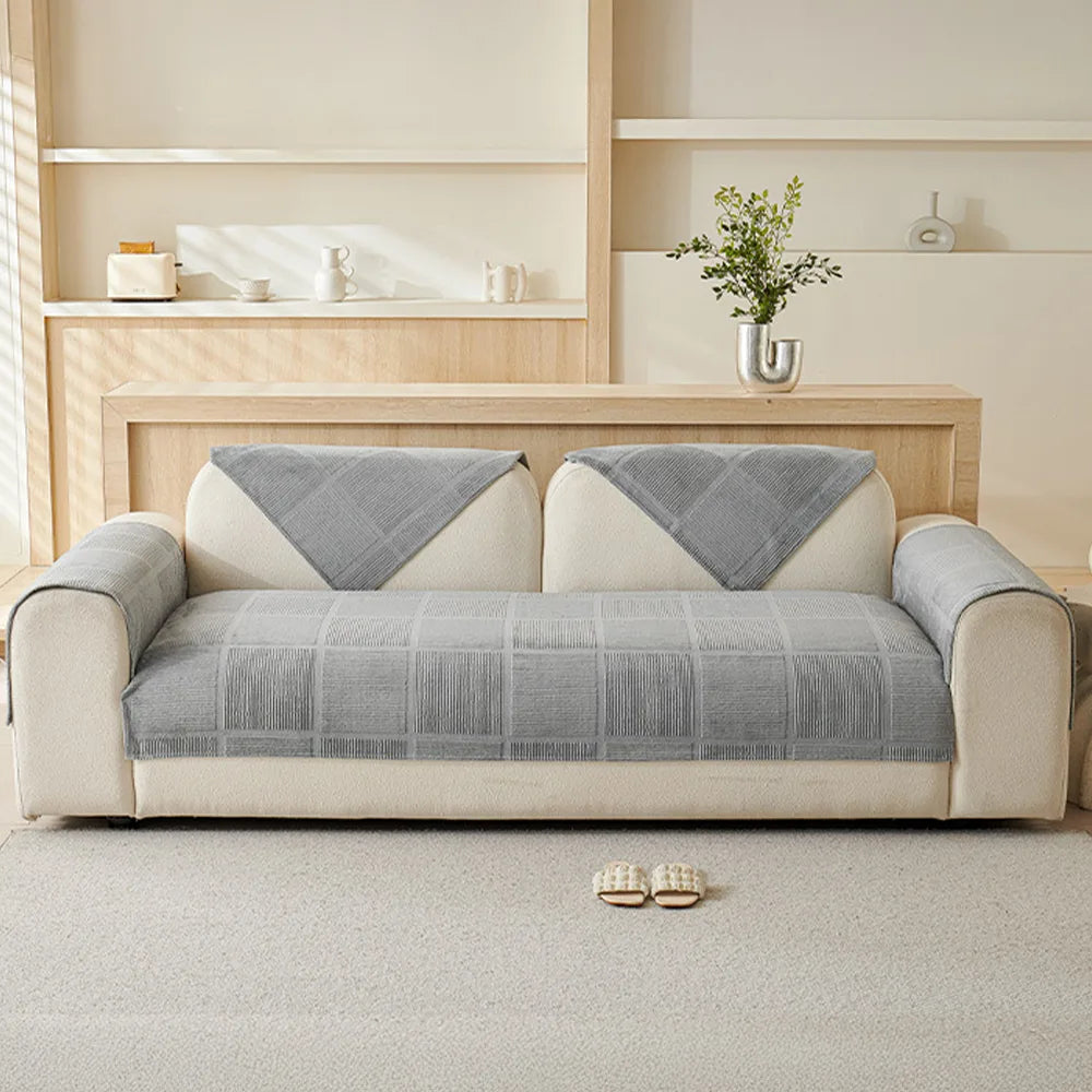 Luxury plush geometric sectional couch cover, soft to touch, pet-friendly and easy to clean.