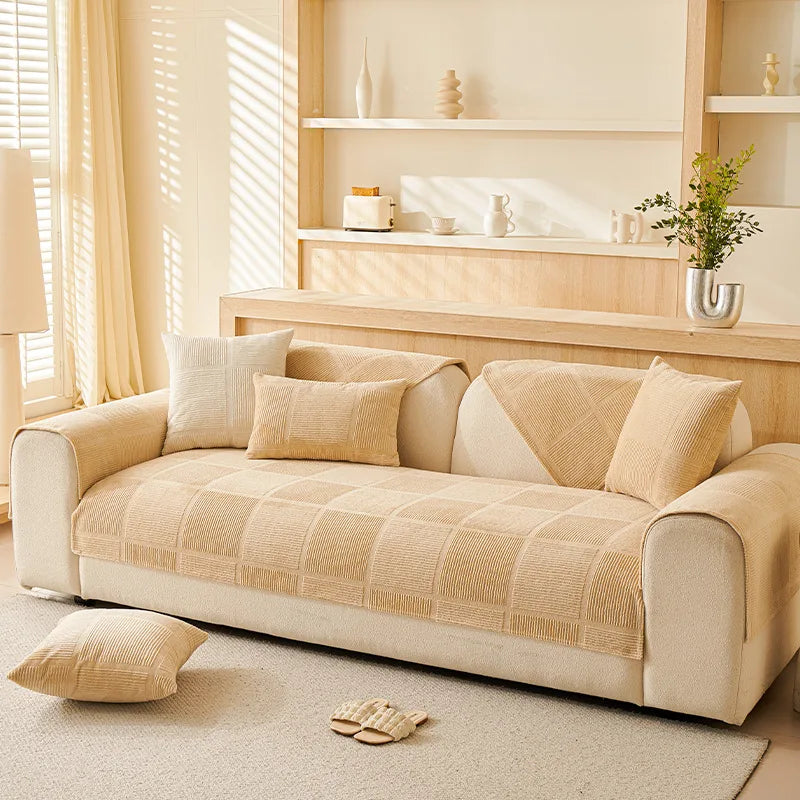 Durable non-slip geometric plush sofa cover, perfect for homes with pets, all-season comfort.
