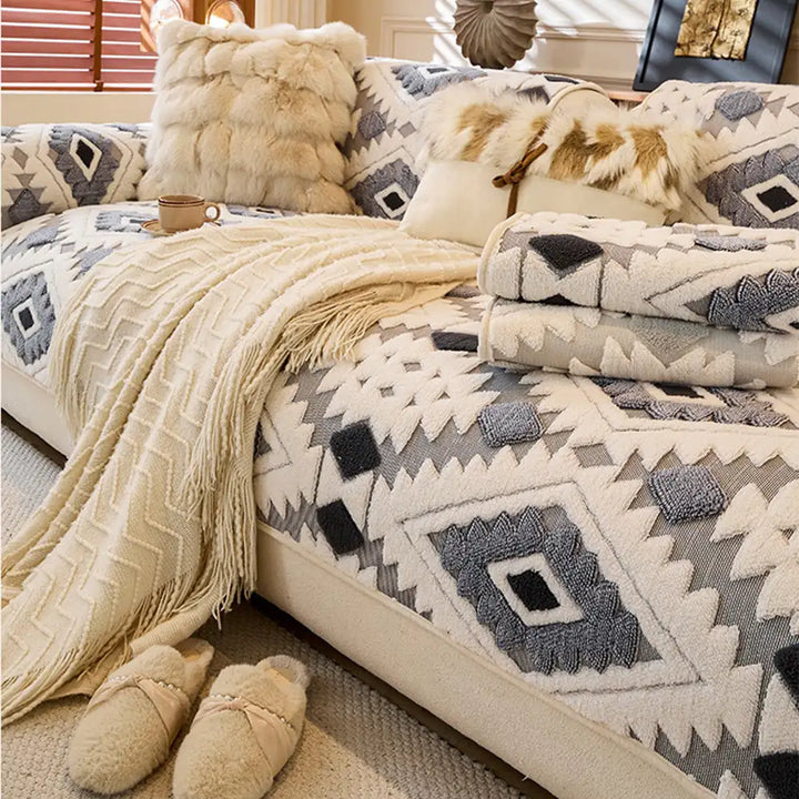 Machine washable plush geometric couch cover, easy care for pet-friendly homes.