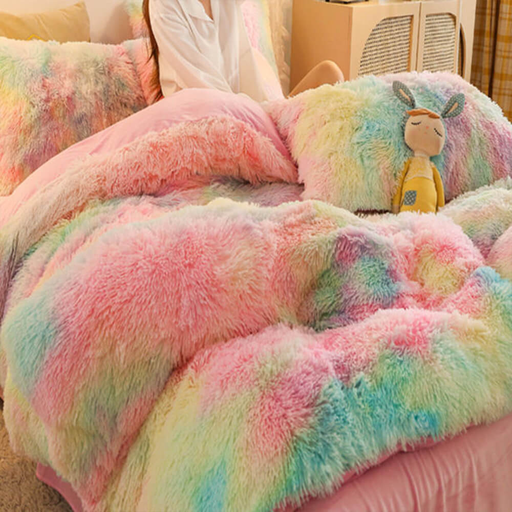 Soft plush gradient bed sheets, ideal for warm, cozy nights in bedroom