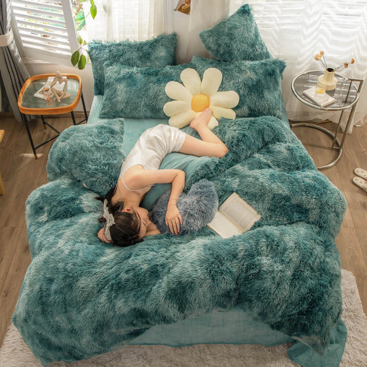 Bedroom style: plush gradient flannel sheets, cozy and visually appealing