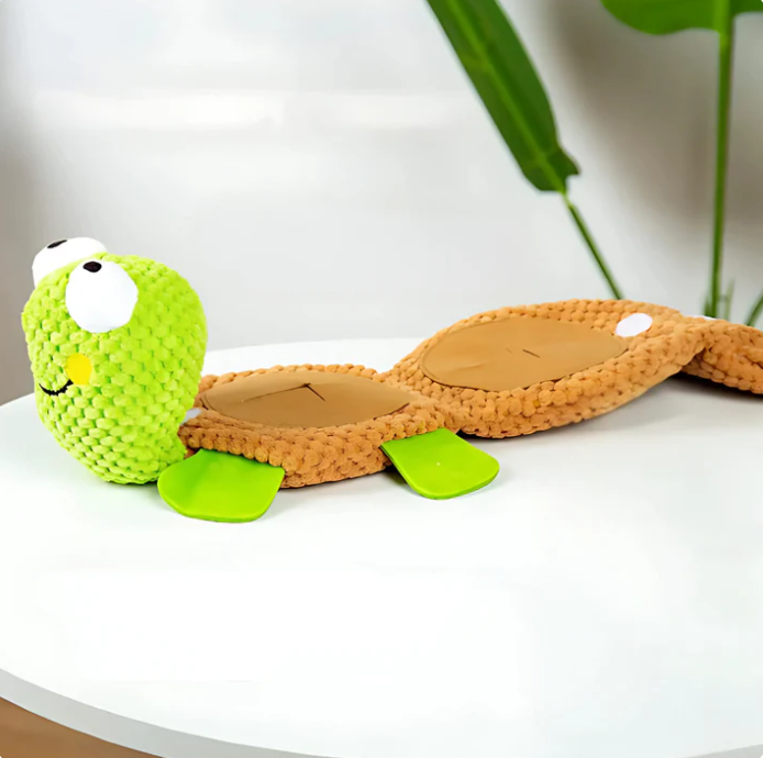 Interactive plush turtle dog toy, an engaging pet supply with treat dispenser for mental enrichment.