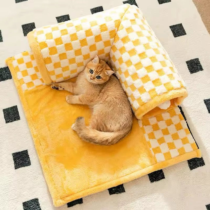 Plush grey 2-in-1 cat tunnel bed, perfect for feline play and comfortable sleep, a versatile pet accessory.