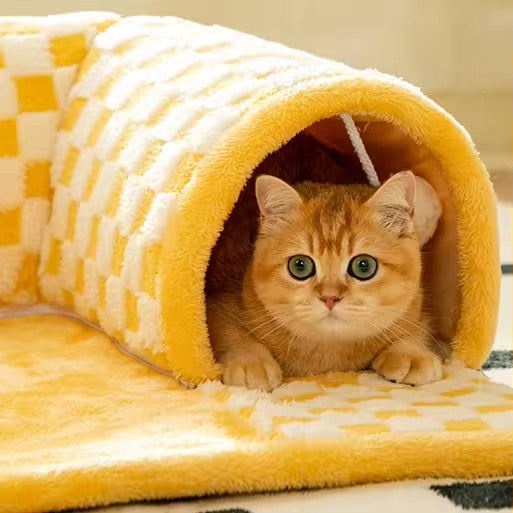 Versatile cat tunnel play bed, providing a fun toy and soft sleeping spot for cats, functional pet accessory.