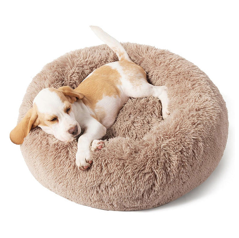 Warm brown calming pet bed, extra plush for maximum comfort, designed for deep sleep.