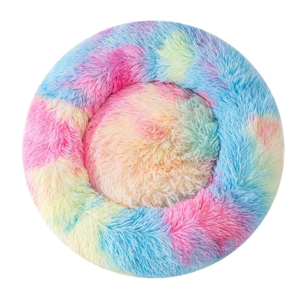 Pet bed contrasting with light-colored flooring, cozy retreat for deep sleep, anti-anxiety.