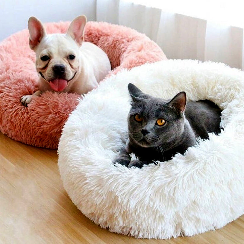 Overhead view of a luxurious deep sleep pet bed, anti-anxiety design with raised edges.